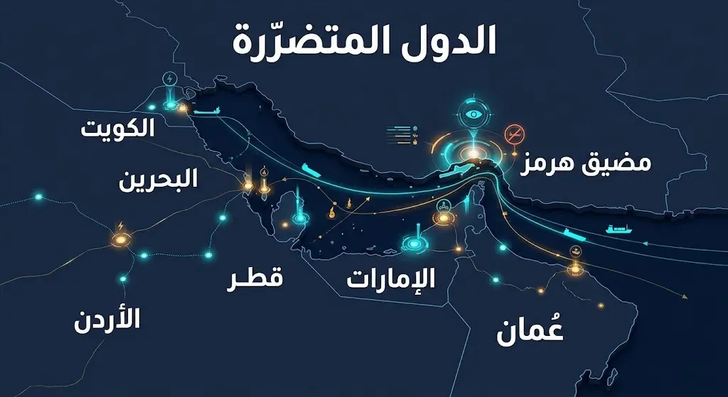 خريطة إنفوجرافيك توضح موقع مضيق هرمز والدول المتضررة من الهجمات على السفن التجارية، وتشمل دول الخليج والأردن.