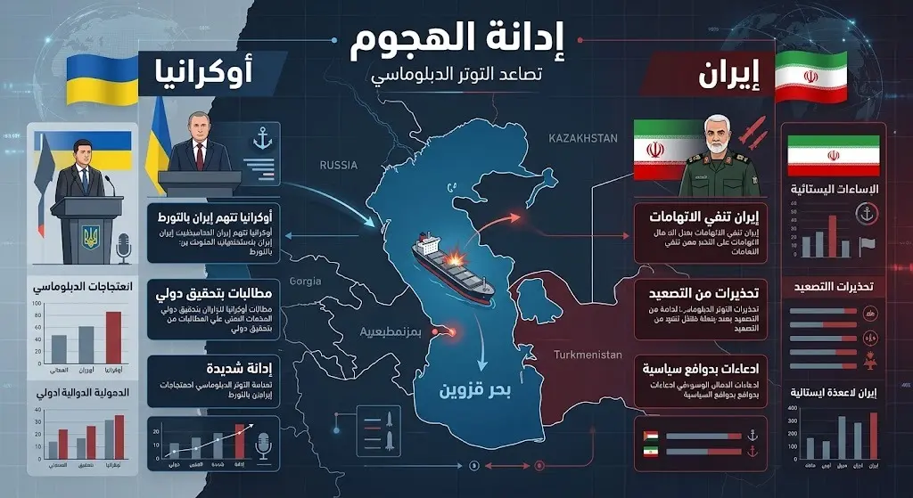 إنفوجرافيك إخباري يجسد التوتر الدبلوماسي بين إيران وأوكرانيا مع خريطة توضيحية لموقع استهداف السفينة في بحر قزوين.