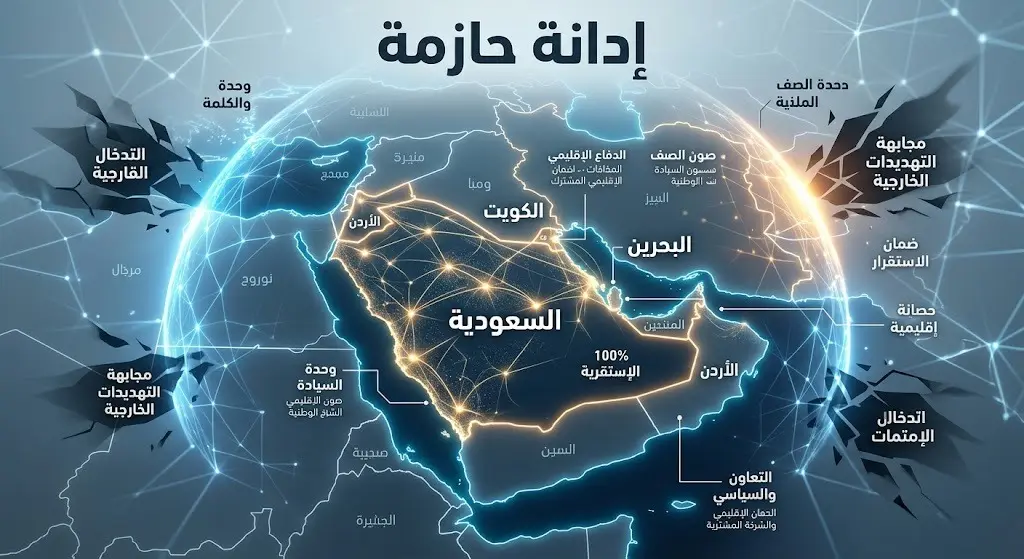 خريطة مفاهيمية ثلاثية الأبعاد تظهر السعودية والكويت والبحرين والأردن متصلة بشبكات مضيئة ترمز للتضامن الإقليمي ضد الاعتداءات.