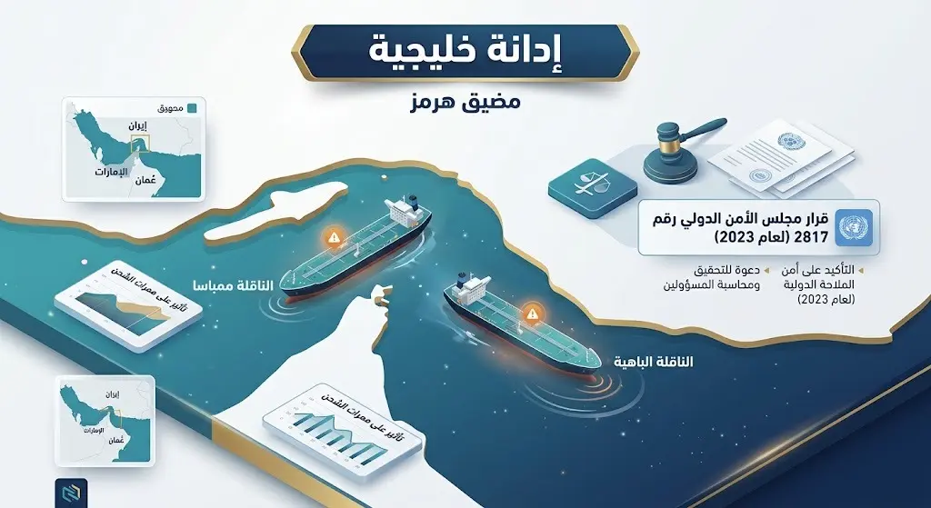 خريطة إنفوجرافيك توضح موقع استهداف الناقلتين الإماراتيتين في مضيق هرمز مع إشارة لقرار مجلس الأمن.