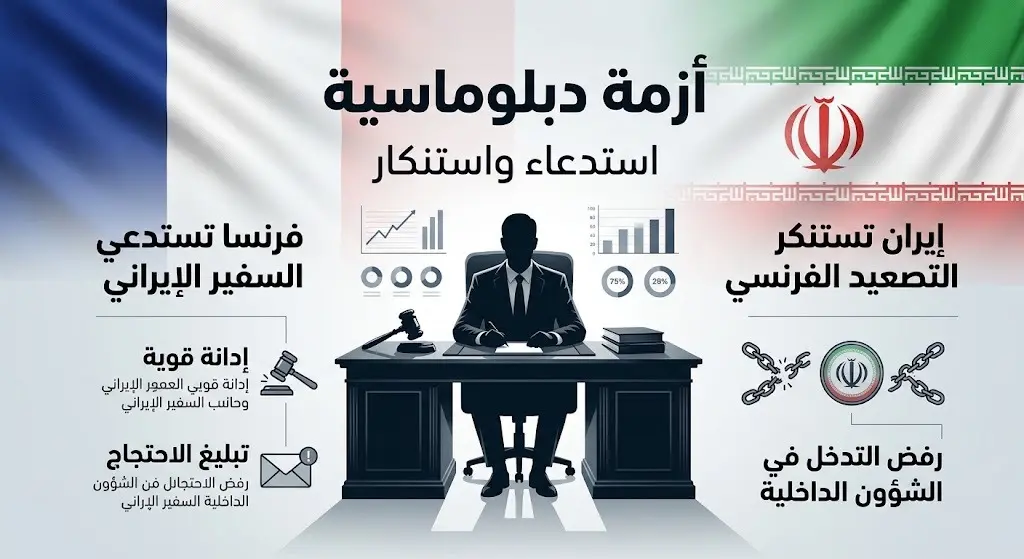 تصميم تعبيري يجسد الأزمة الدبلوماسية بين باريس وطهران على خلفية استدعاء القائم بالأعمال الإيراني.