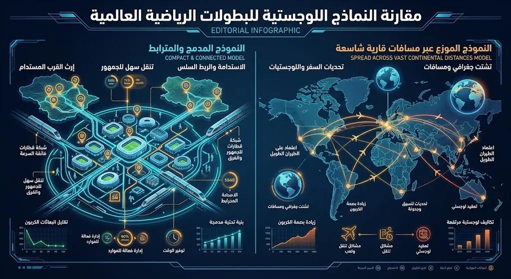 تصميم بياني يقارن بين البطولات المتقاربة جغرافياً وتلك التي تتطلب سفراً طويلاً ويسلط الضوء على تحديات النقل.
