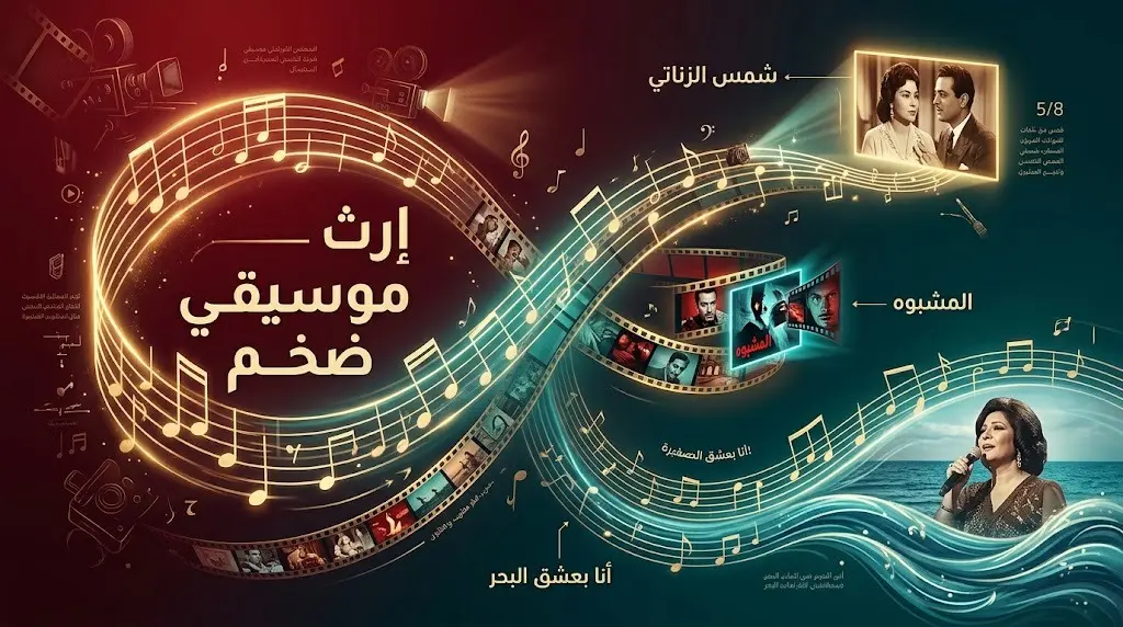 تصميم فني يبرز الإرث الموسيقي الضخم لهاني شنودة من موسيقى تصويرية لأفلام خالدة وأغانٍ محفورة في الذاكرة.