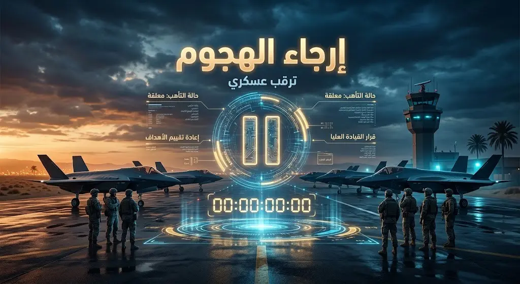 رسم تعبيري درامي لطائرات عسكرية في حالة استعداد تتوسطها علامة إيقاف مؤقت مضيئة ترمز لتأجيل الهجوم.
