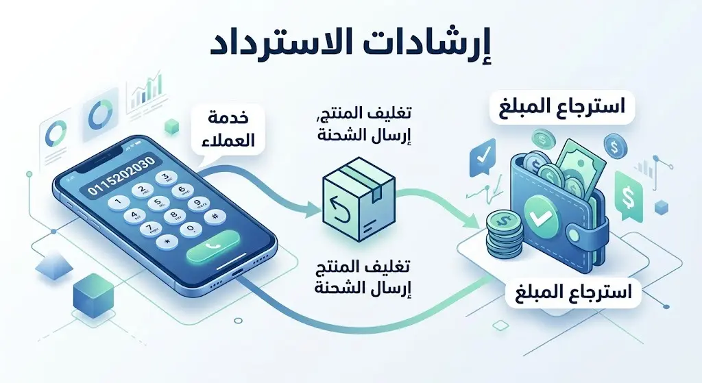 تصميم بياني يوضح خطوات إرجاع المنتج المعيب واسترداد المبلغ عبر خدمة العملاء