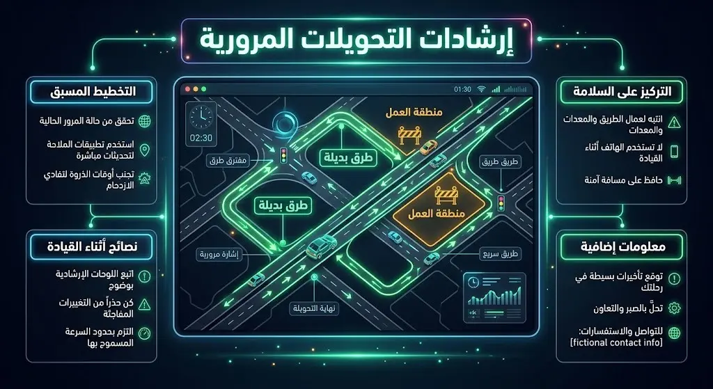 إنفوجرافيك يوضح الإرشادات المرورية المؤقتة والطرق البديلة لضمان سلامة قائدي المركبات خلال فترة الأعمال.