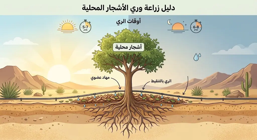 رسم توضيحي يعرض إرشادات التشجير السليمة، بما في ذلك استخدام أنظمة الري بالتنقيط، ووضع المهاد العضوي، واختيار الأوقات المثلى للري.