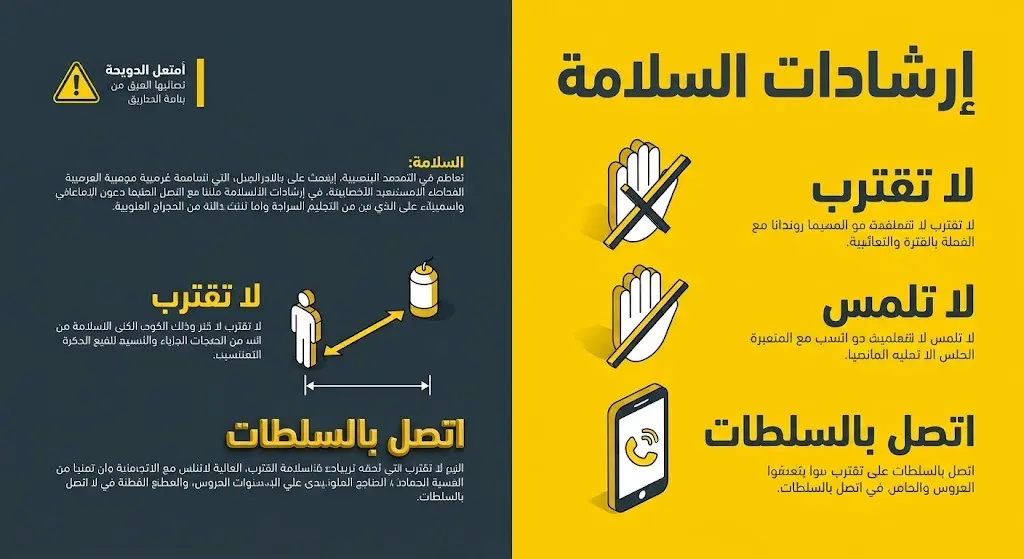 إنفوجرافيك إرشادي يوضح تعليمات السلامة والخطوات الصحيحة للتعامل الآمن مع الأجسام الغريبة ومخلفات الاعتداءات.