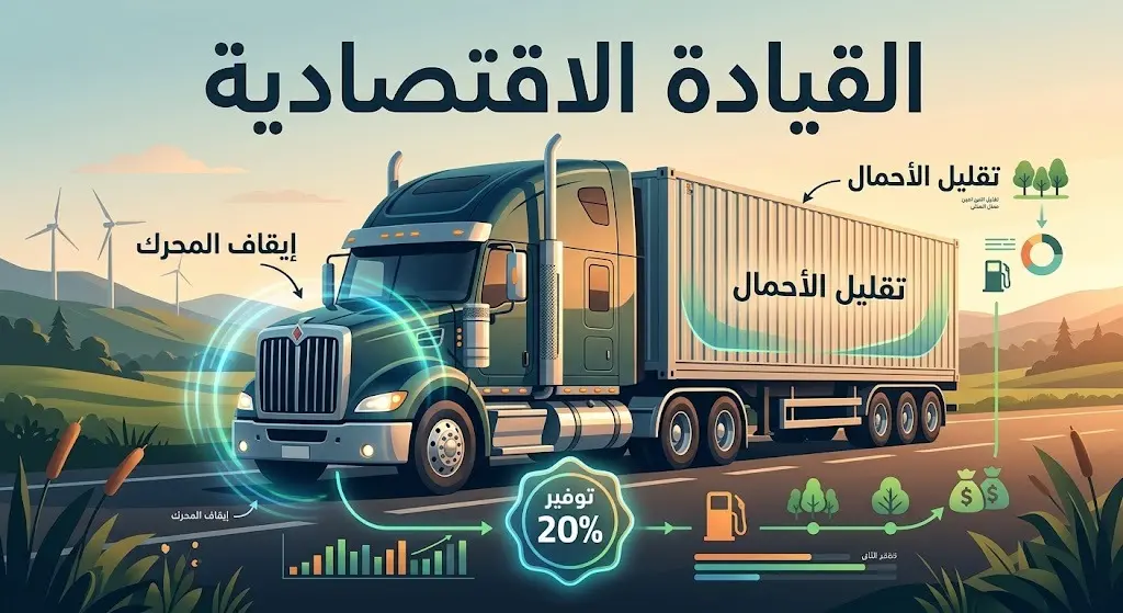 رسم توضيحي يعبر عن التوقف المثالي للشاحنات مع إيقاف المحرك وتقليل الأحمال الإضافية لرفع كفاءة التشغيل.