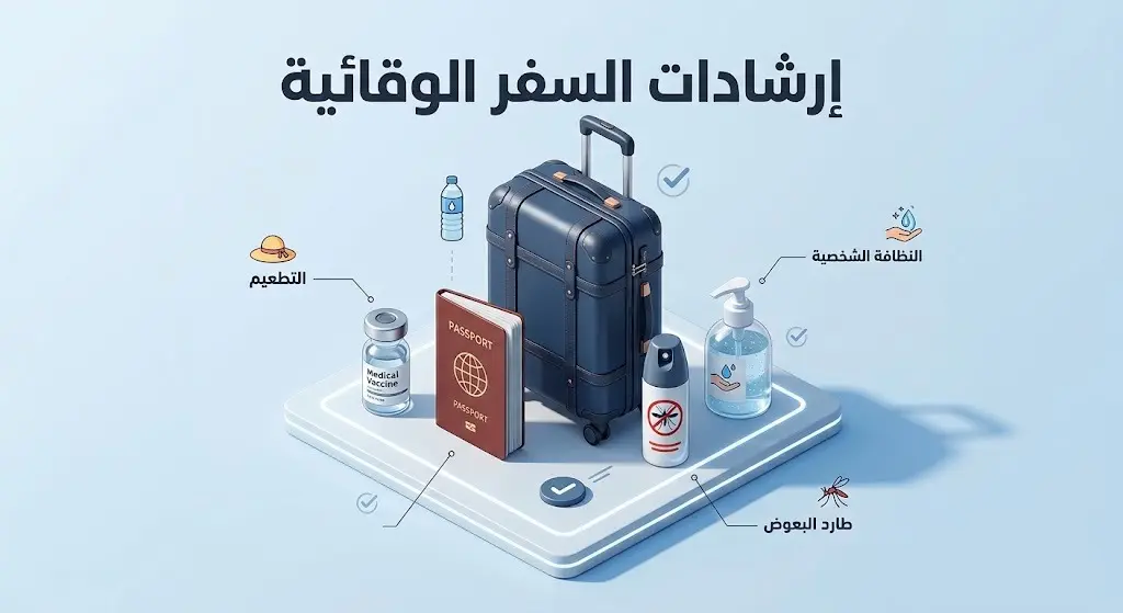 إنفوجرافيك عصري يوضح الإرشادات الوقائية للمسافرين، متضمناً أدوات السفر واللقاحات الطبية وطارد البعوض ومستلزمات النظافة.