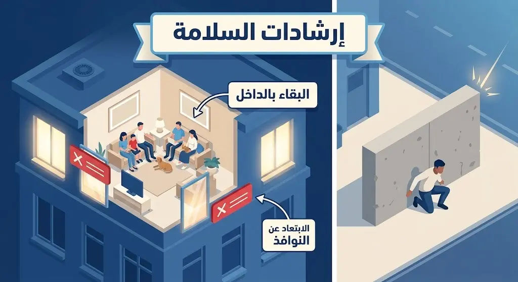 إنفوجرافيك ثلاثي الأبعاد يوضح أهم إرشادات السلامة كالاحتماء في الغرف الداخلية والابتعاد عن النوافذ والأماكن المكشوفة.