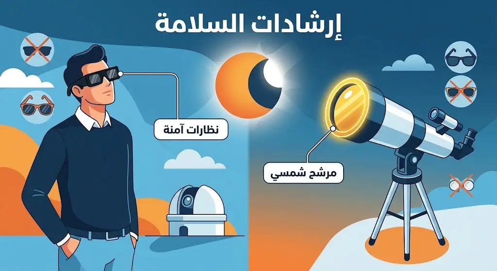 رسم توضيحي يعرض إرشادات السلامة الفلكية لمشاهدة كسوف الشمس، مبرزاً أهمية استخدام نظارات الكسوف المعتمدة والتلسكوبات المزودة بمرشحات شمسية.