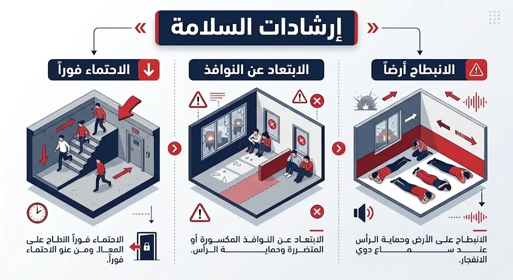 إنفوجرافيك يوضح إرشادات السلامة للتعامل مع الهجمات المحتملة بما في ذلك الاحتماء والابتعاد عن النوافذ.