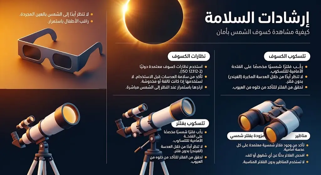 رسم توضيحي لإرشادات السلامة عند مراقبة الكسوف، يبرز أهمية استخدام نظارات الكسوف والفلاتر الخاصة للتلسكوبات.