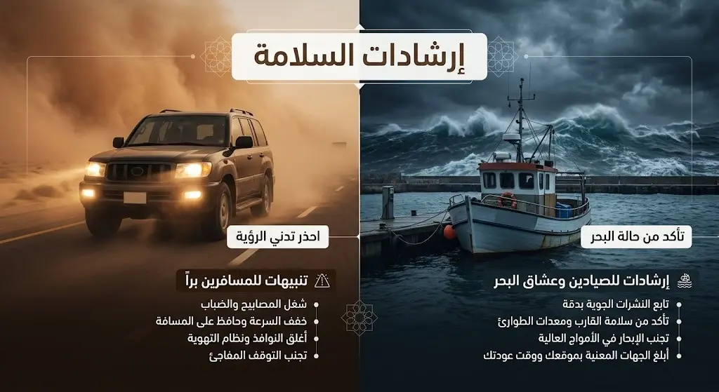 رسم توضيحي وإنفوجرافيك يقدم إرشادات السلامة المرورية للقيادة في أجواء الغبار، ونصائح للصيادين حول الإبحار في الظروف الجوية المتقلبة.