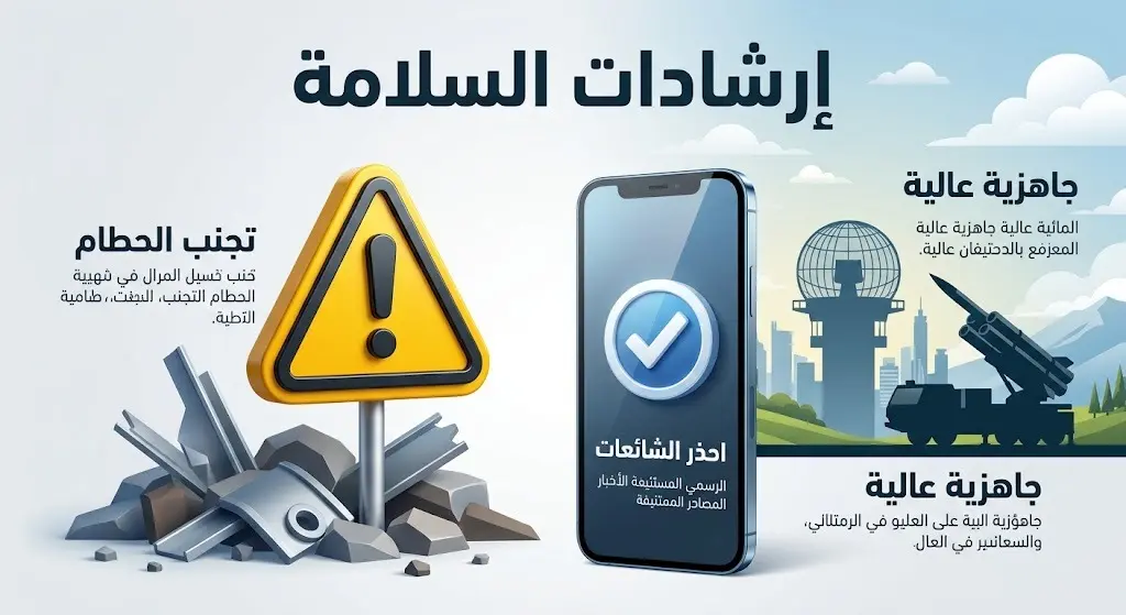تصميم مرئي يستعرض إرشادات السلامة للمواطنين للتعامل مع حطام الأجسام الساقطة، وتأكيد الجاهزية العسكرية.