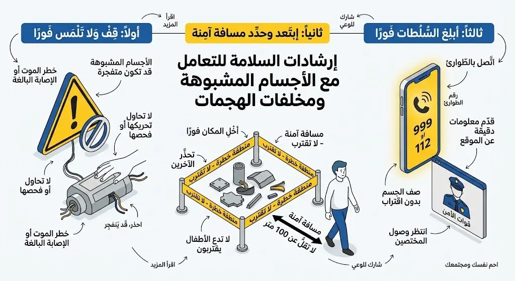 تصميم توعوي يبرز إرشادات السلامة للمواطنين والمقيمين وكيفية التعامل مع الأجسام المشبوهة ومخلفات الهجمات.