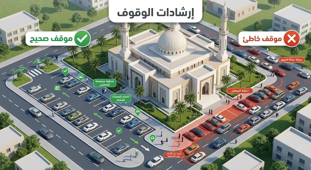 رسم توضيحي ثلاثي الأبعاد يظهر الإرشادات المرورية الصحيحة للوقوف بجوار المساجد، مع مقارنة بين الوقوف المنظم والوقوف العشوائي المعيق لحركة السير والمصلين.
