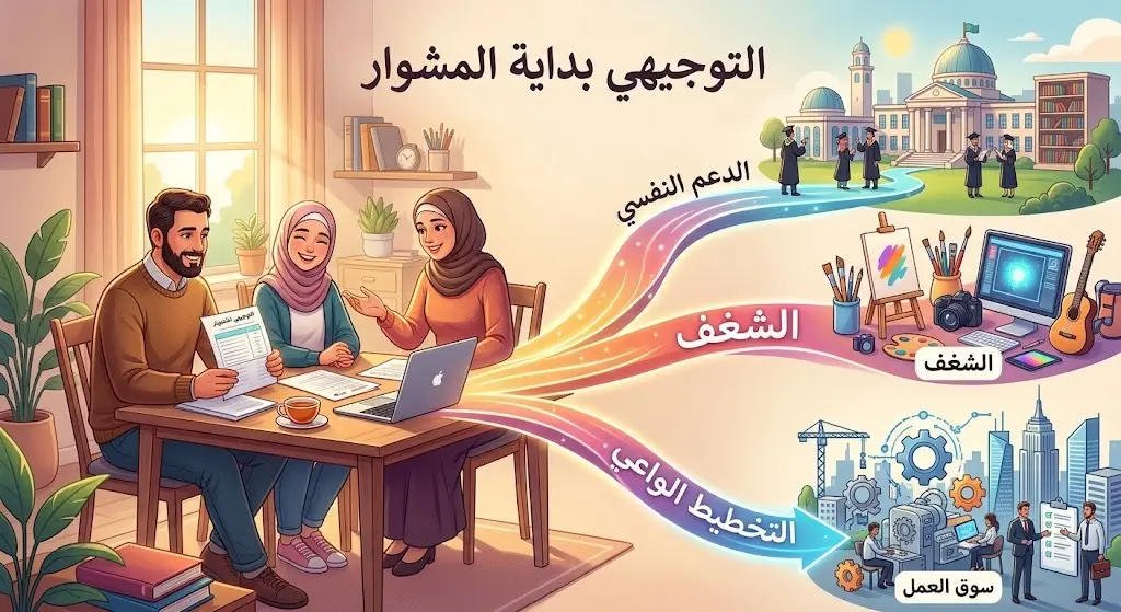 رسم تعبيري يظهر العائلة تدعم الطالب وتنظر نحو مسارات جامعية ومهنية متعددة ومشرقة