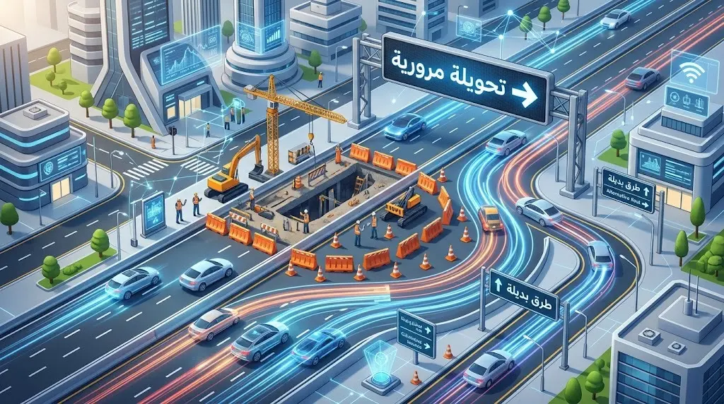 تصميم ثلاثي الأبعاد يوضح التحويلات المرورية والطرق البديلة لتفادي الازدحام أثناء صيانة الجسر.