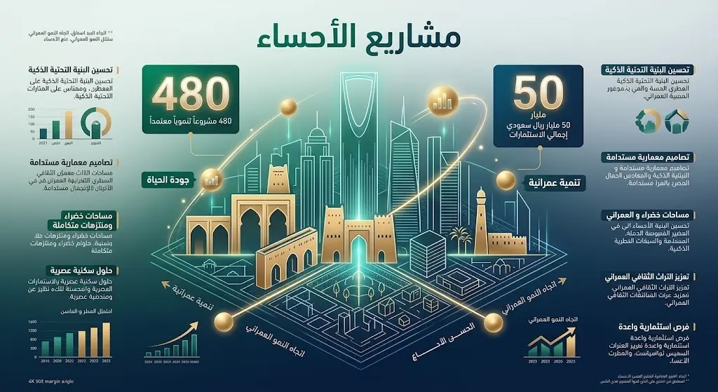 إنفوجرافيك يستعرض حجم المشاريع التنموية في الأحساء وتأثير المعايير التصميمية على المشهد الحضري