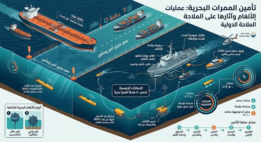 رسم توضيحي لعمليات إزالة الألغام البحرية في الممرات المائية وتأمين عبور الناقلات التجارية.