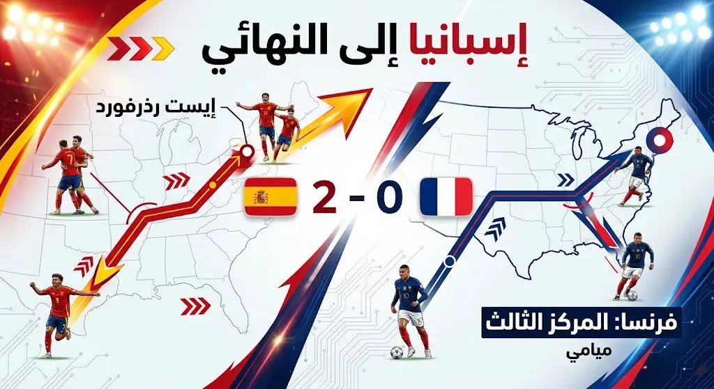إنفوجرافيك مسار المنتخبات يوضح تأهل إسبانيا للمباراة النهائية وتوجه فرنسا لمباراة تحديد المركز الثالث