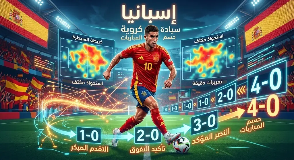 تصميم غرافيكي وتكتيكي يبرز قوة المنتخب الإسباني وقدرته العالية على مضاعفة النتيجة وحسم المباريات.