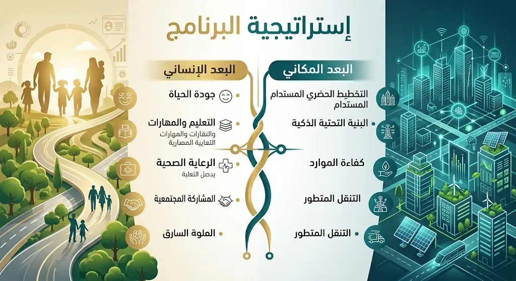 تصميم إنفوجرافيك يوضح البعدين الإنساني والمكاني لإستراتيجية تطوير أحياء مكة المكرمة