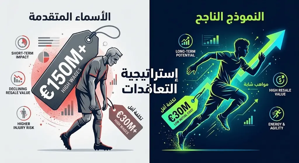 تصميم مقارن يبرز الفارق بين إستراتيجية التعاقد مع لاعبين متقدمين في العمر بتكلفة عالية، مقابل استقطاب مواهب شابة بتكلفة أقل ونتائج فنية أعلى.