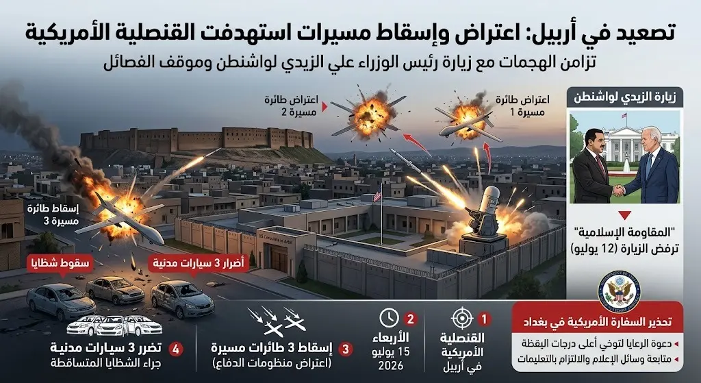 إسقاط طائرات مسيرة استهدفت القنصلية الأمريكية في أربيل تزامنا مع زيارة الزيدي لواشنطن