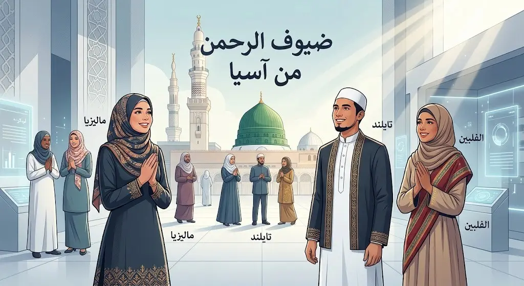 تصميم إبداعي يجمع بين الوفود الآسيوية المشاركة ومعالم المدينة المنورة الحديثة مع نصوص توضيحية لبعض الدول.