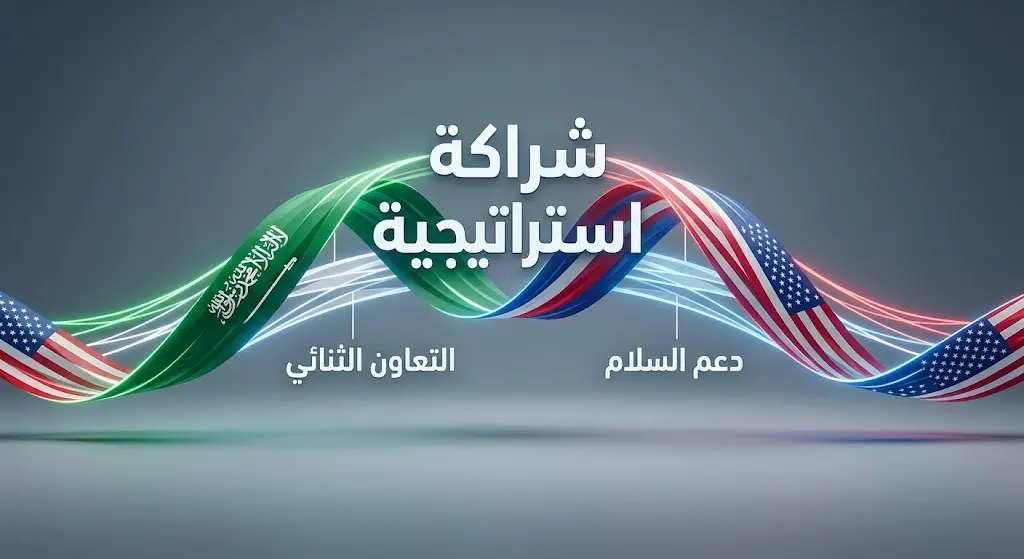 رسم تعبيري يدمج الرموز والألوان السعودية والأمريكية في تصميم هندسي حديث يعبر عن الشراكة الاستراتيجية والتنسيق المشترك.