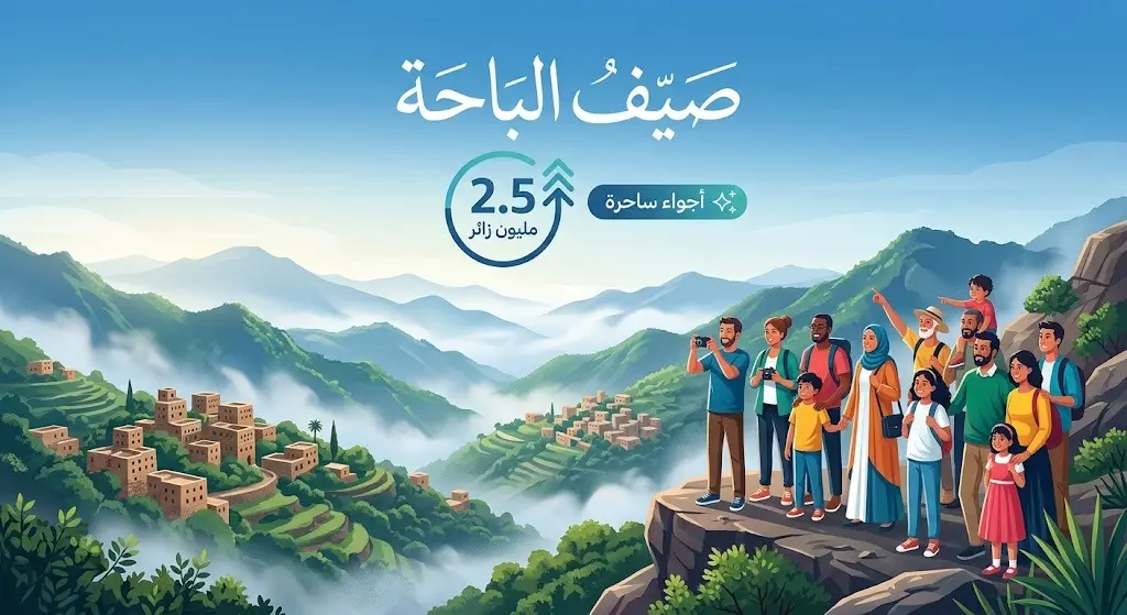 تصميم إبداعي يظهر زواراً يستمتعون بأجواء الباحة الساحرة وسط الجبال، مع إحصائية تشير إلى استهداف 2.5 مليون زائر.