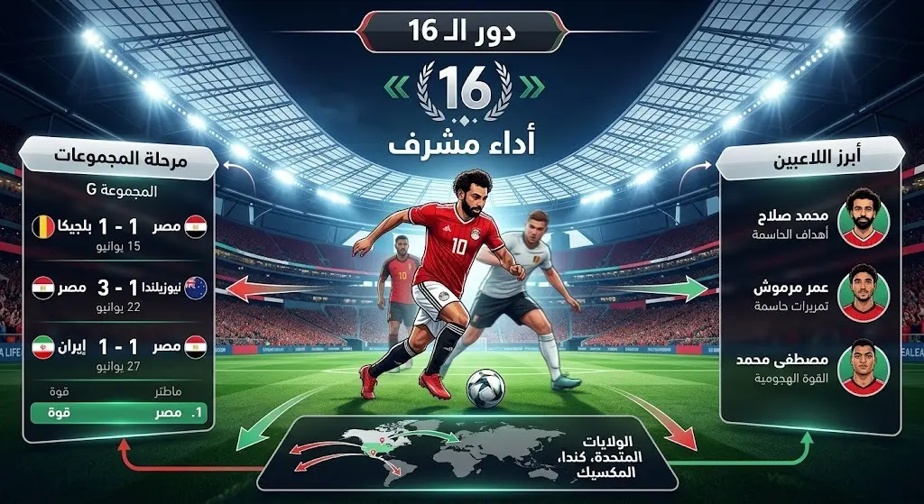 تصميم إنفوجرافيك رياضي احترافي يعبر عن الروح القتالية والأداء الفني المتميز للمنتخب المصري وتأهله لدور الستة عشر في كأس العالم 2026.