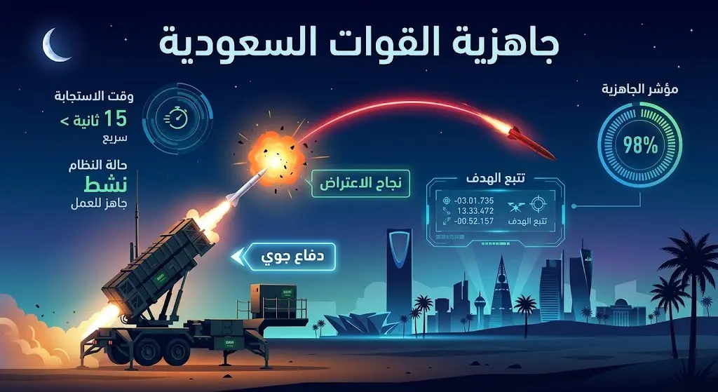 إنفوجرافيك يظهر منظومة دفاع جوي حديثة تعترض تهديدات صاروخية في السماء بكفاءة عالية، مع بيانات تقنية تعبيرية.