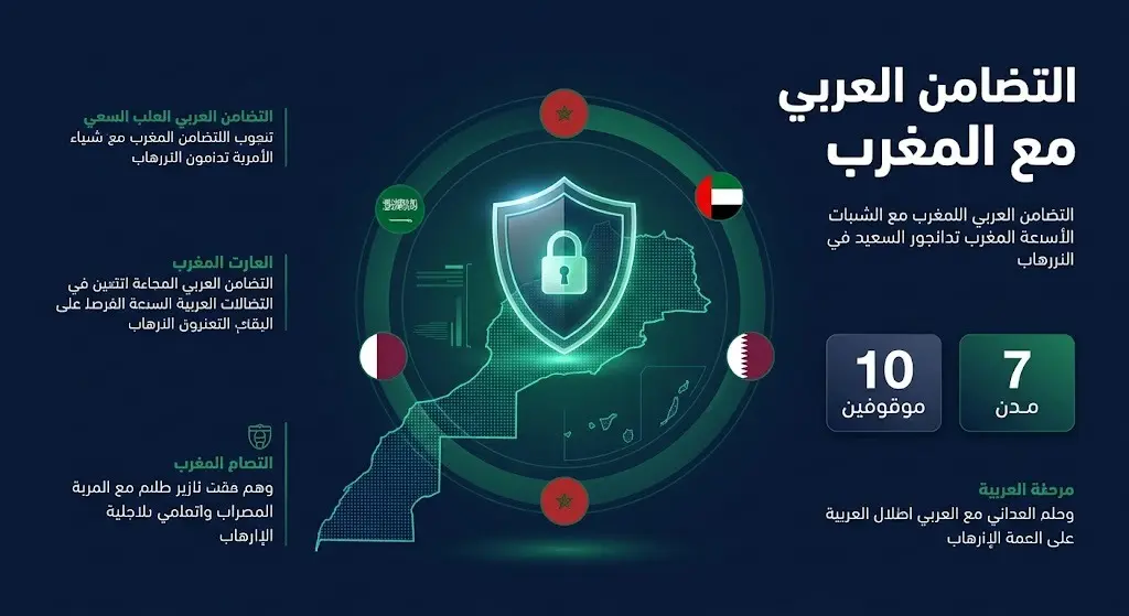 إنفوجرافيك احترافي يجسد درعاً أمنياً وتضامناً عربياً مع المغرب، يتضمن نصوصاً عربية توضح توقيف 10 أشخاص في 7 مدن.