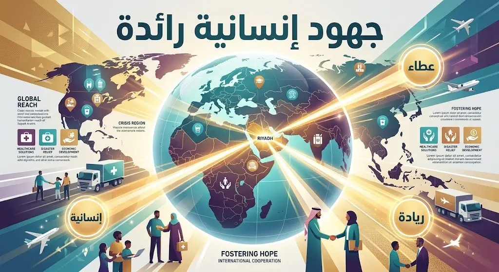 رسم فني يجسد إشعاع الجهود الإغاثية السعودية وانطلاقها من الرياض لتشمل مختلف الدول المتضررة حول العالم.