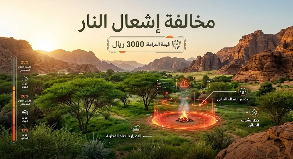 تصميم إنفوجرافيك يوضح عقوبة إشعال النار في الأماكن غير المخصصة داخل محمية الإمام عبدالعزيز بن محمد بقيمة 3000 ريال.