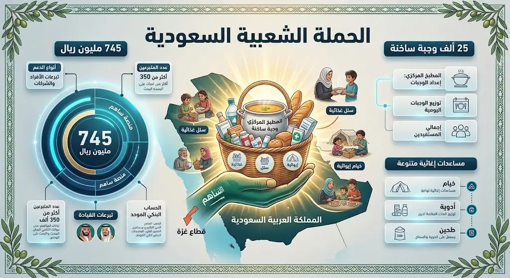 تصميم بياني يستعرض إنجازات الحملة الشعبية السعودية وتجاوز التبرعات حاجز 745 مليون ريال مع توفير آلاف الوجبات الساخنة