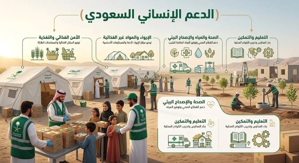 تصميم تعبيري يبرز جهود مركز الملك سلمان للإغاثة في توفير الغذاء والإيواء للنازحين الفلسطينيين.