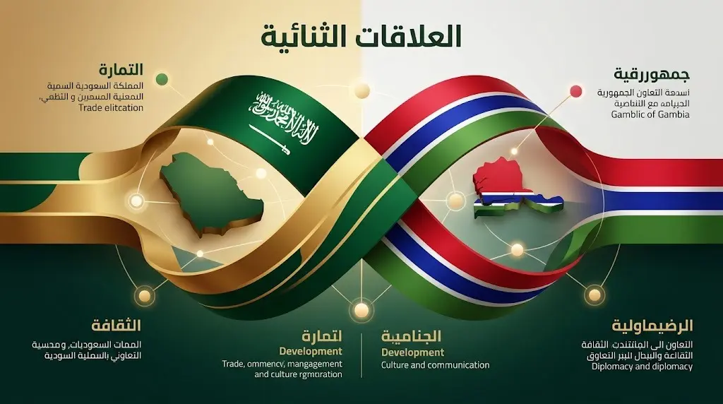تصميم بصري يعبر عن عمق العلاقات الثنائية والدبلوماسية بين المملكة العربية السعودية وجمهورية جامبيا