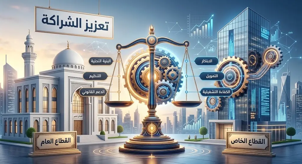 تصميم بصري يعبر عن إطار الحوكمة والشراكة المتوازنة بين القطاعين العام والخاص في الاستثمارات البلدية.