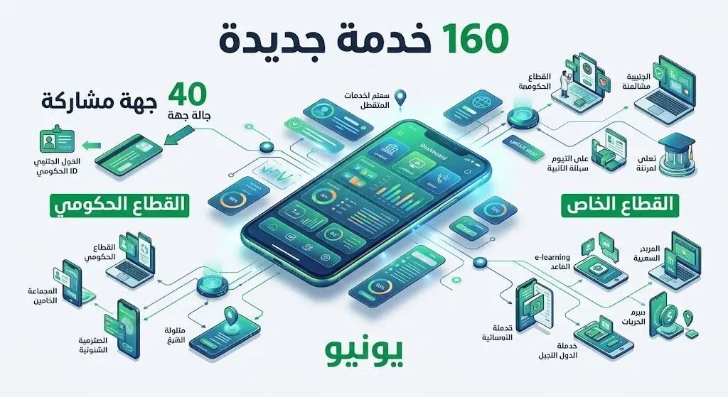 إنفوجرافيك بياني يوضح بالأرقام إطلاق 160 خدمة رقمية جديدة بمشاركة 40 جهة في تطبيق توكلنا.