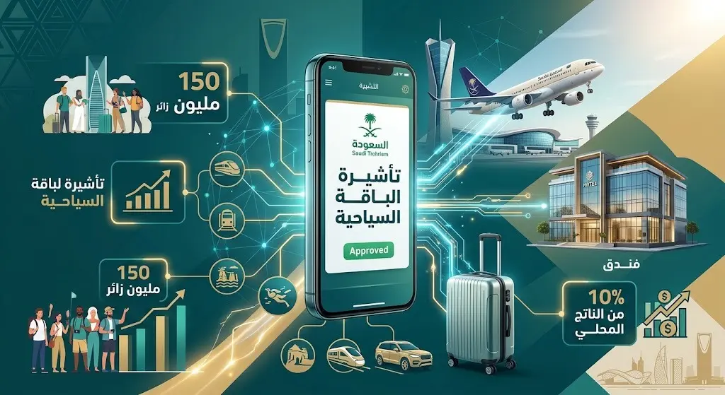تصميم بصري إبداعي يعبر عن تأشيرة الباقة السياحية الجديدة التي تدمج الطيران والإقامة وتأشيرة الدخول، مع إبراز أهداف رؤية 2030 للوصول إلى 150 مليون زائر.