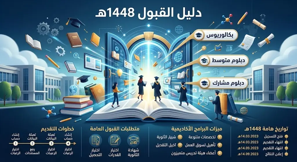 إنفوجرافيك احترافي يوضح إطلاق دليل القبول الجامعي لجامعة تبوك للعام 1448هـ مع استعراض درجات البكالوريوس والدبلوم المتاحة.