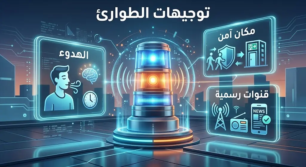 إنفوجرافيك يوضح توجيهات وزارة الداخلية للمدنيين عند انطلاق صفارات الإنذار وتشمل الهدوء، والتوجه لمكان آمن، ومتابعة القنوات الرسمية.