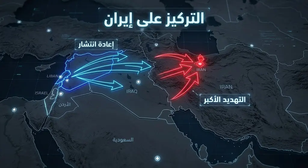 خريطة استراتيجية ثلاثية الأبعاد تظهر أسهم إعادة الانتشار العسكري وتوجيه التركيز نحو التهديد الإيراني.