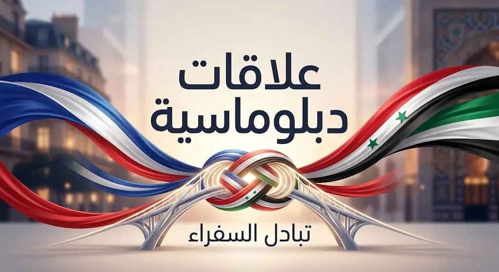 تصميم تعبيري عصري يجسد تداخل شرائط بألوان علمي سوريا وفرنسا لتشكيل جسر مضيء يرمز للتعاون المشترك.