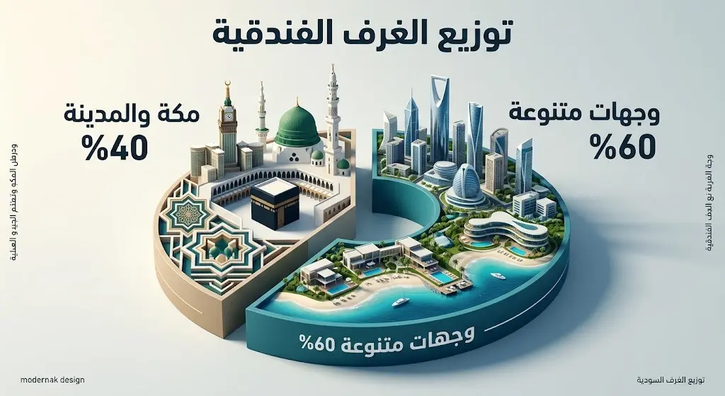 إنفوجرافيك يوضح نسبة توزيع الغرف الفندقية الجديدة في السعودية، حيث تبلغ 40% في مكة والمدينة و60% في الوجهات المتنوعة الأخرى.